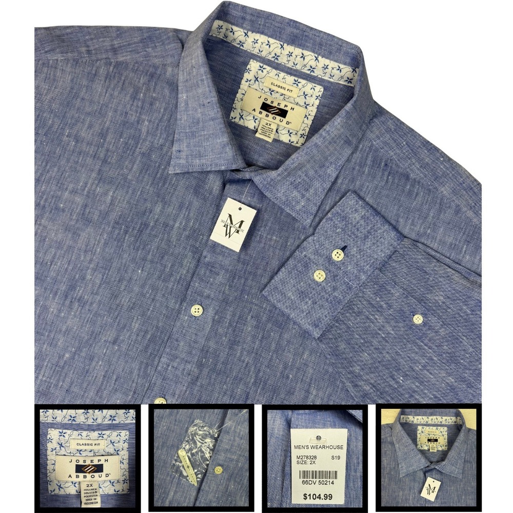 NWT Joseph Abboud Linen Blend Shirt Classic Fit Button Front Mens 2X Blue Resort